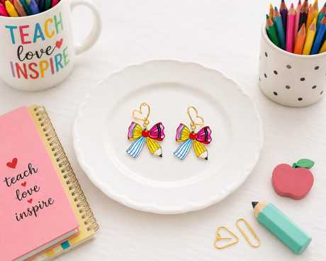 Teacher Bow Dangle Earrings - Gold Arrow Studios 