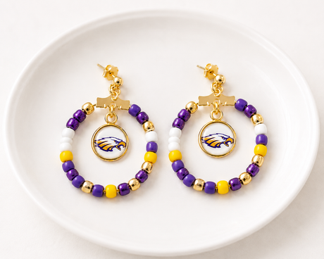 Purple and Yellow Beaded Hoop Earrings - Gold Arrow Studios 