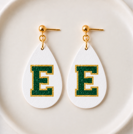Green and Gold E Dangle Earring - Gold Arrow Studios 